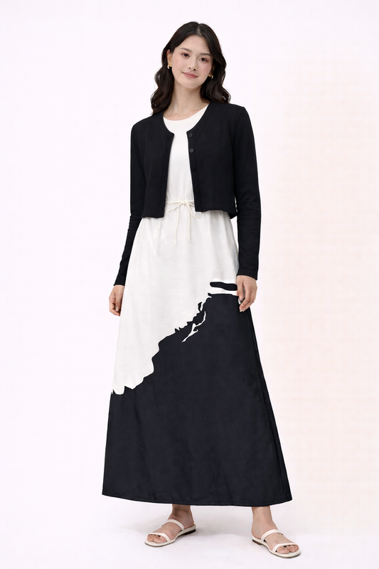 WOVEN JUMPER WITH KNIT CARDIGAN