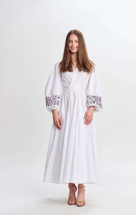 WHITE COTTON W/COLORFUL SLEEVE EMBOROIDERY DRESS