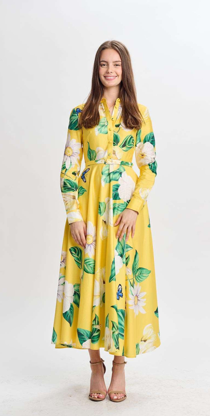 BRIGHT YELLOW COTTON W/ LARGE WHITE GREEN FLOWERS DRESS