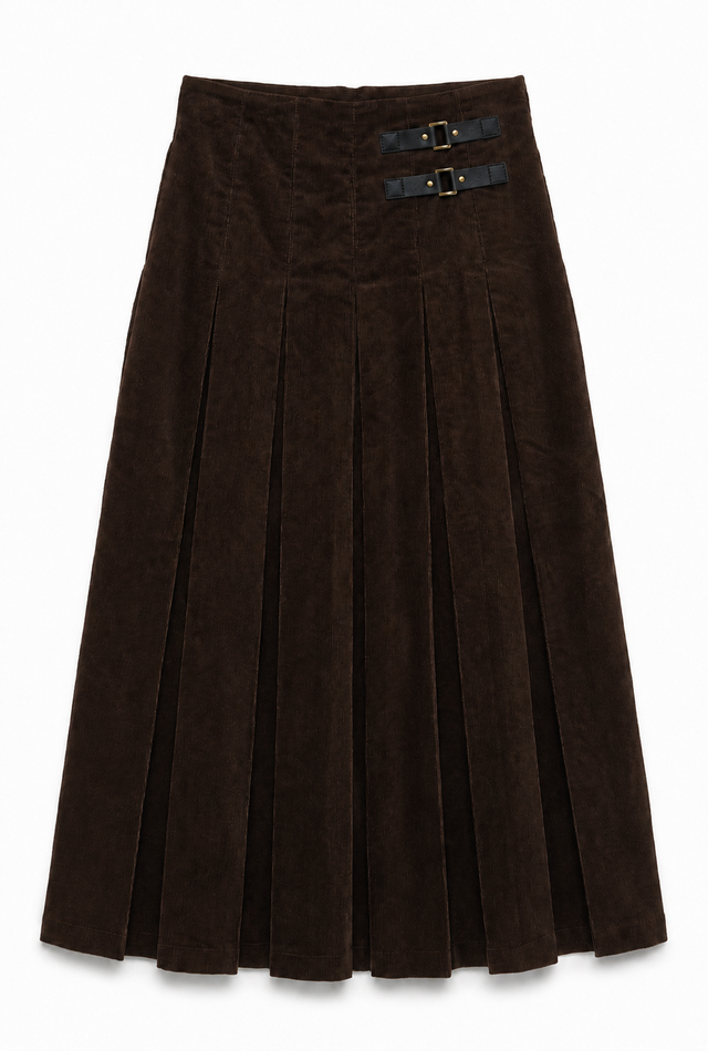 MIDI LENGTH CORDUROY PLEATED SKIRT WITH LEATHER STRAPS