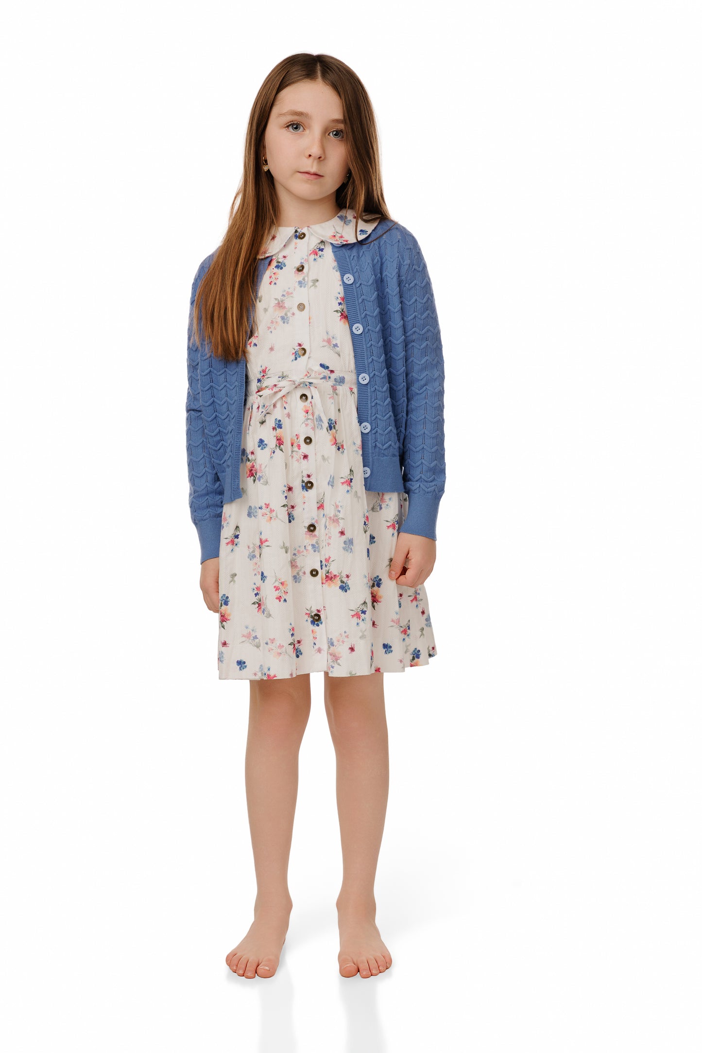 FLORAL PRINTED DRESS WITH BLUE CARDIGAN