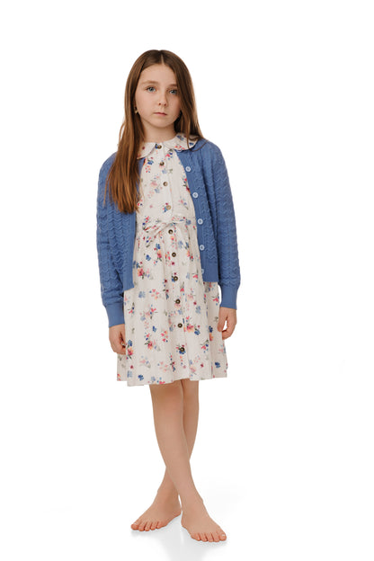 FLORAL PRINTED DRESS WITH BLUE CARDIGAN