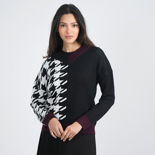 HOUNDSTOOTH COLOR BLOCKED SWEATER