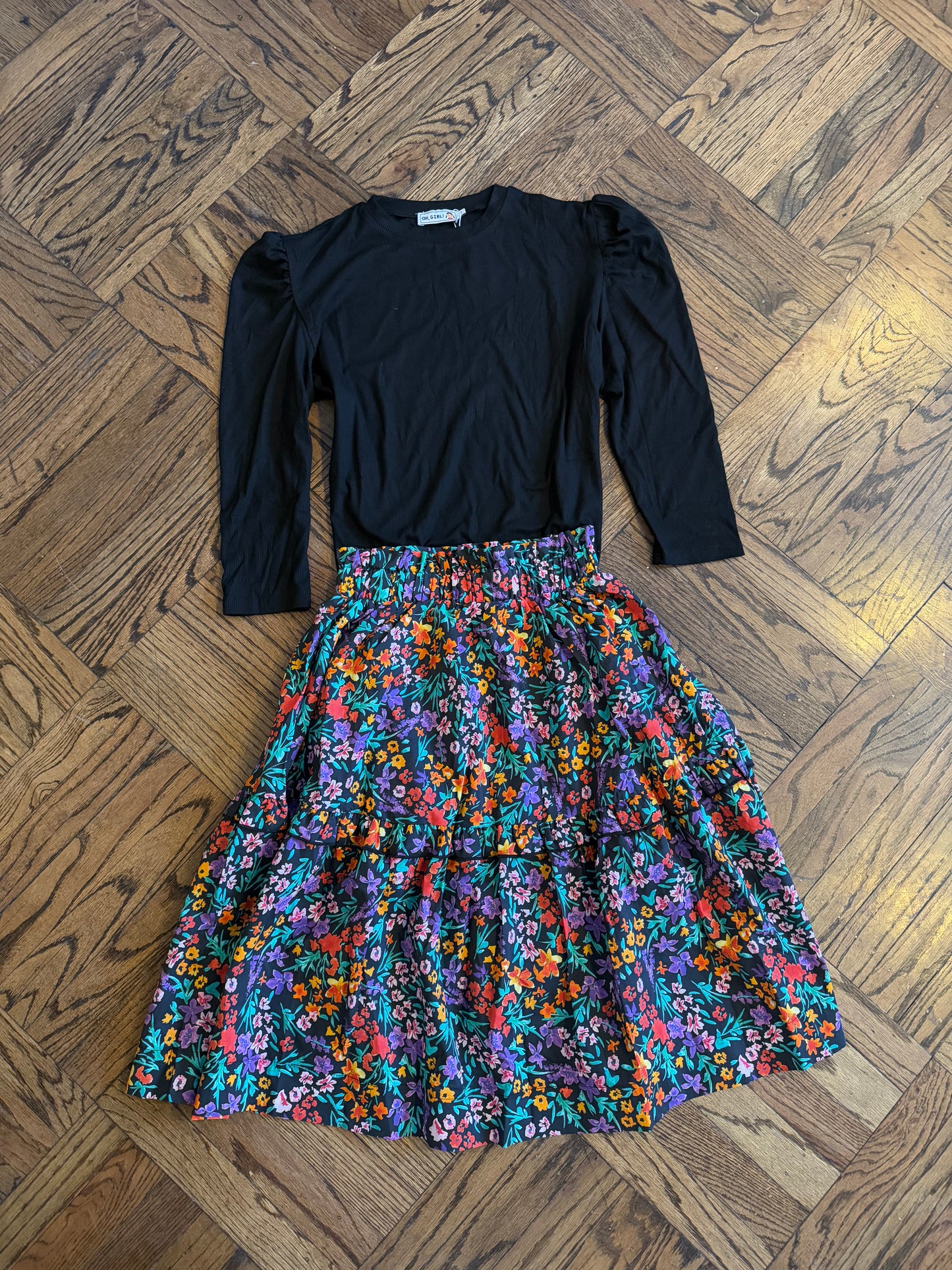 FLOWER RUFFLE ELASTIC WAIST SKIRT