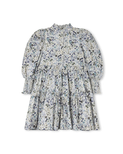 SMOCKED CUFF FLORAL TIERED DRESS
