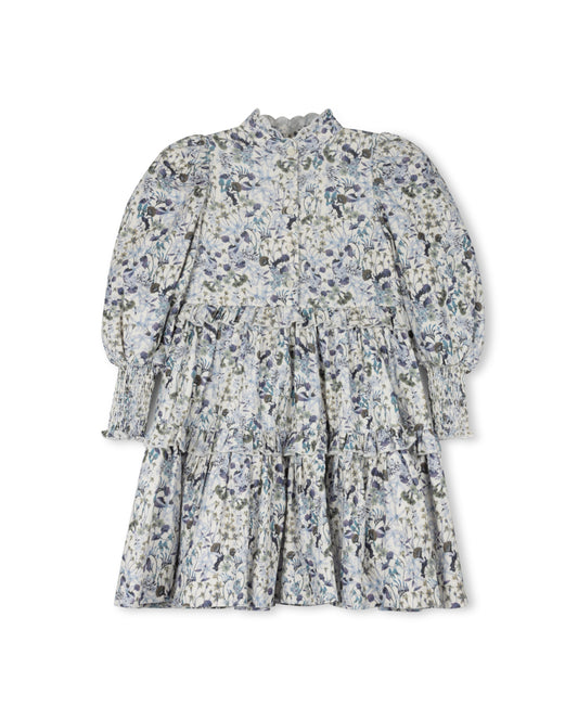 SMOCKED CUFF FLORAL TIERED DRESS