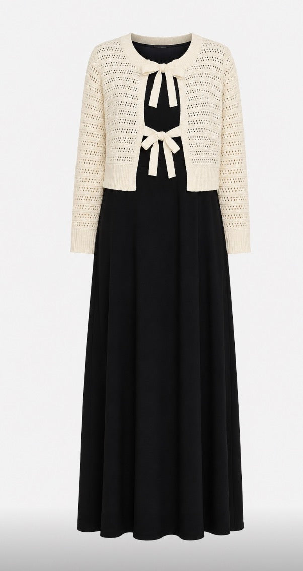 GIRLS EYELET BOW CARDI AND DRESS SET