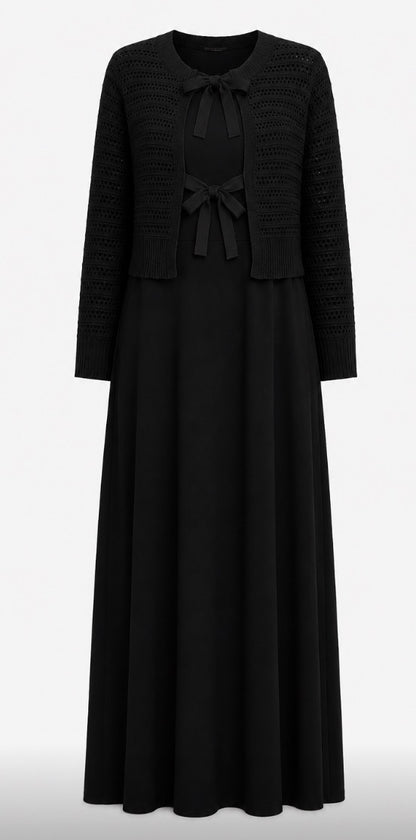 GIRLS EYELET BOW CARDI AND DRESS SET
