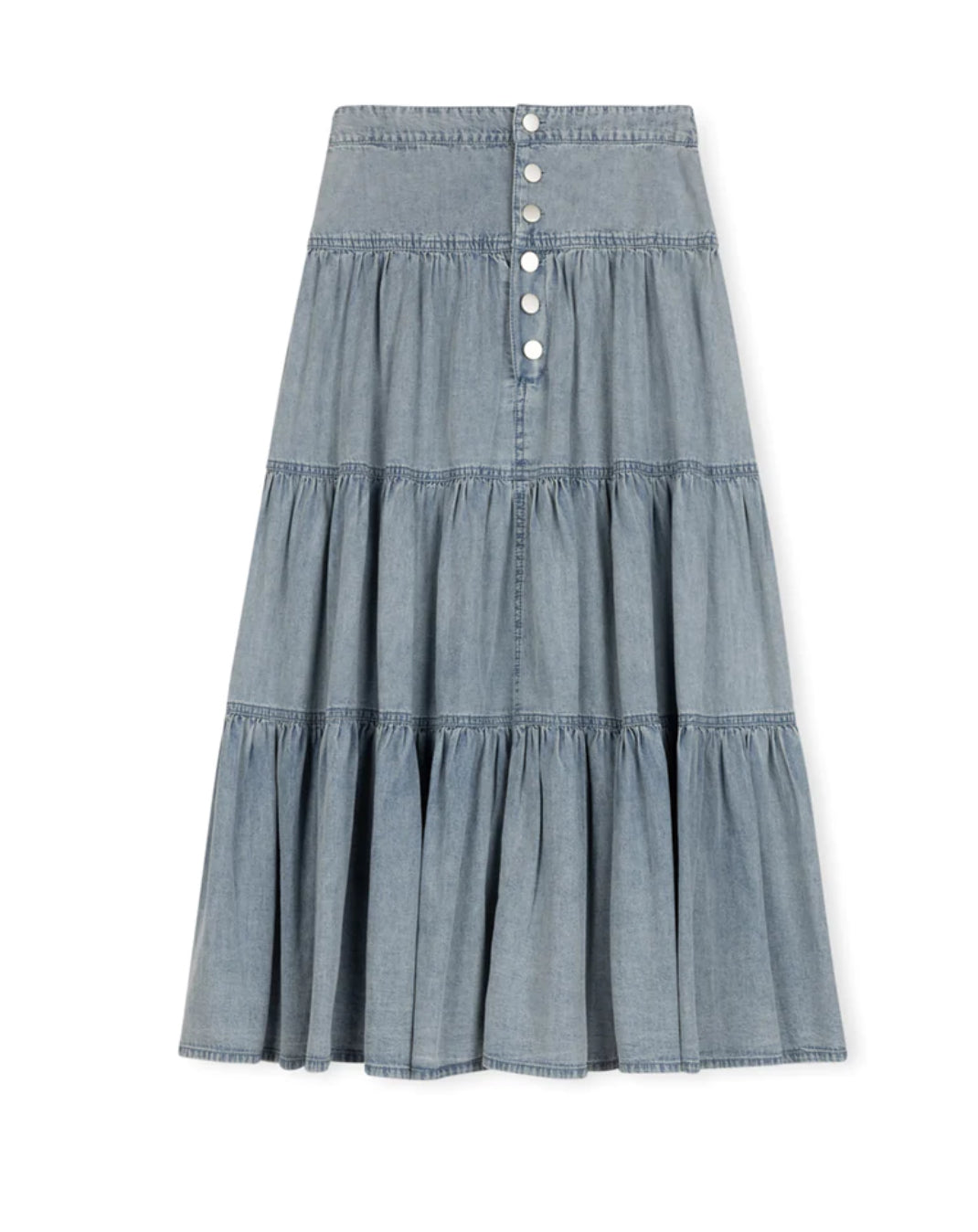 DENIM TIERED BUTTON FRONT MAXI SKIRT