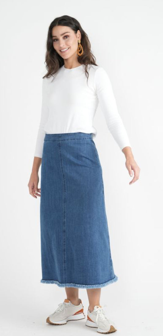 MAXI FRINGE A LINE DENIM SKIRT