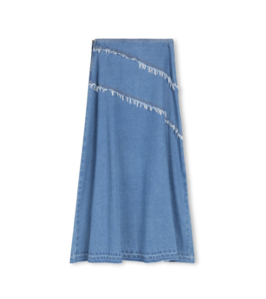 DIAGONAL FRAYED DENIM SKIRT