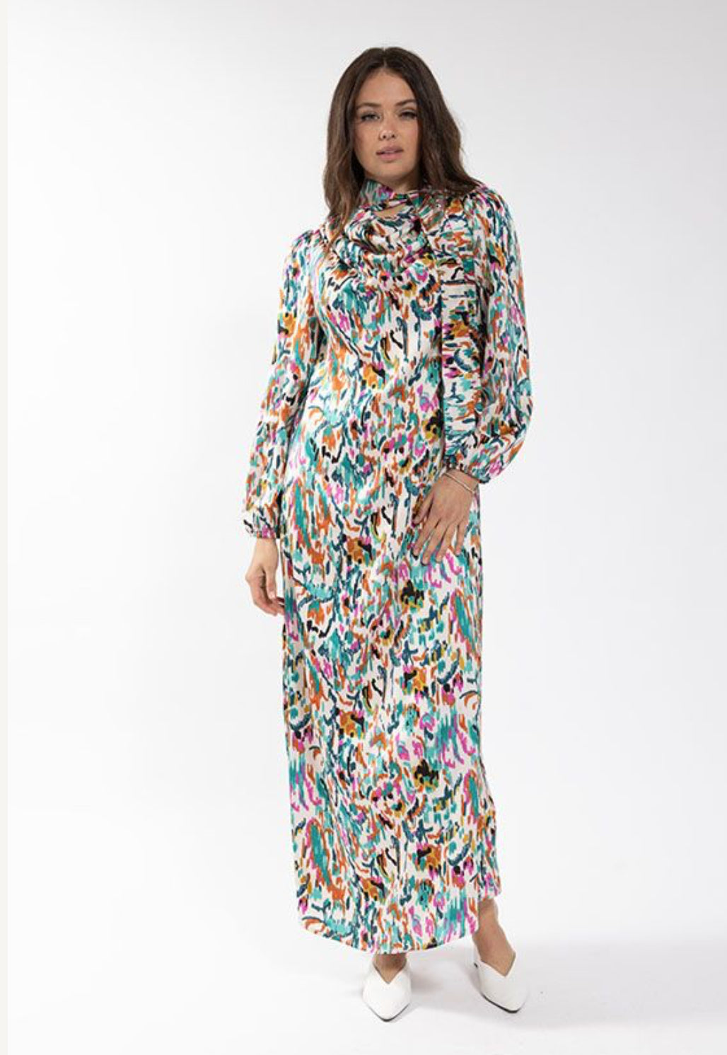 BRUSH STROKE DRAPE NECK DRESS