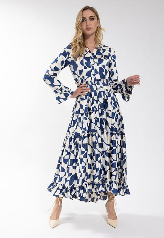 GEO PRINT TIERED DRESS