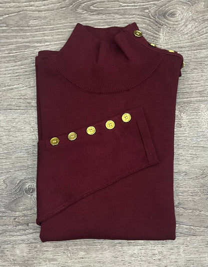 Basic  Knit Mock Neck with Gold Button Decal