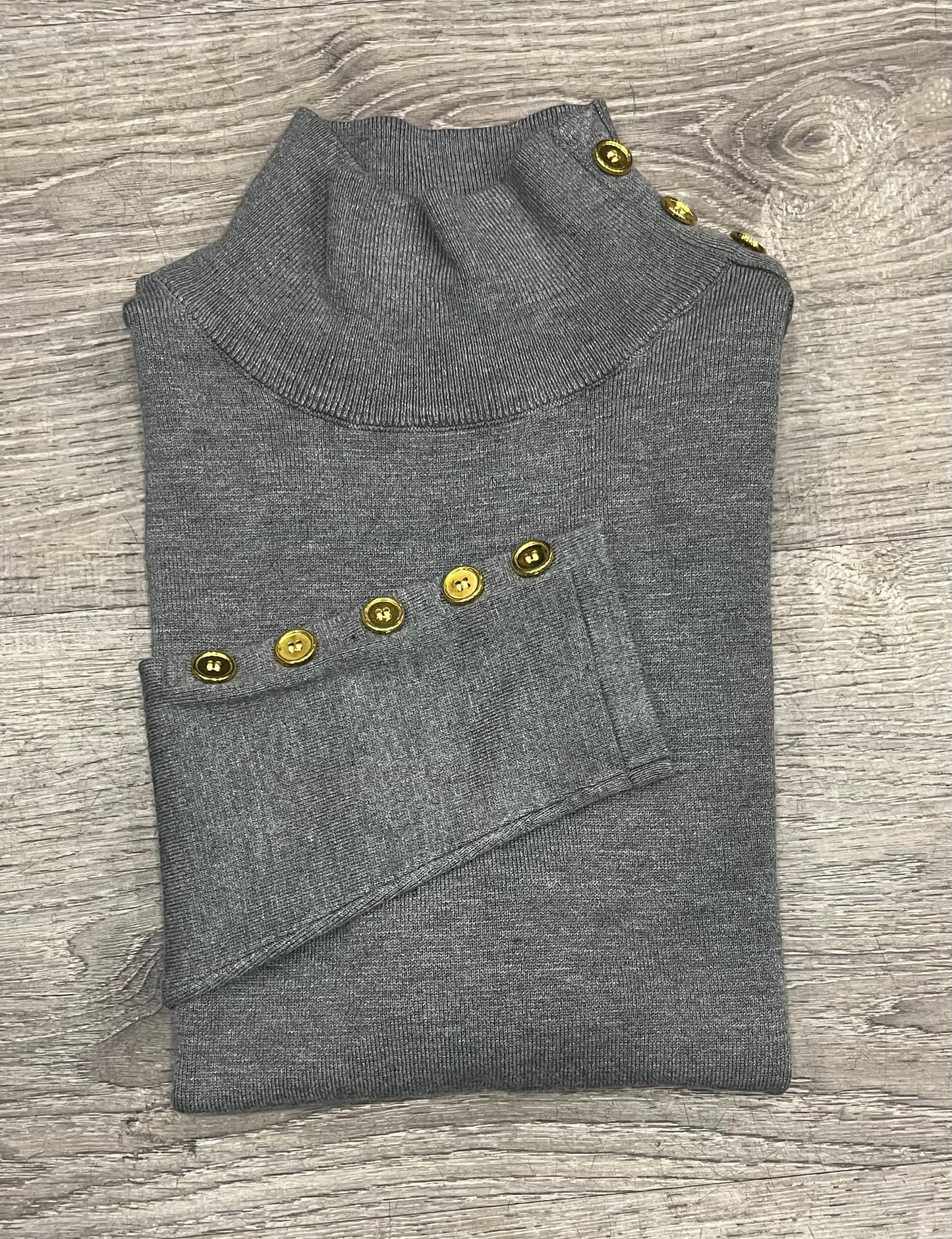 Basic  Knit Mock Neck with Gold Button Decal