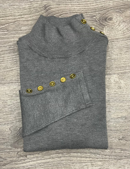 Basic  Knit Mock Neck with Gold Button Decal