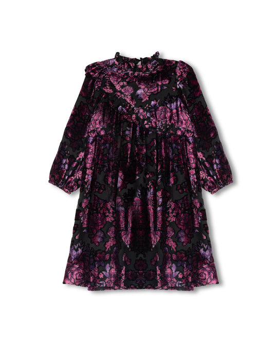 VELVET FLOWER RUFFLE DRESS