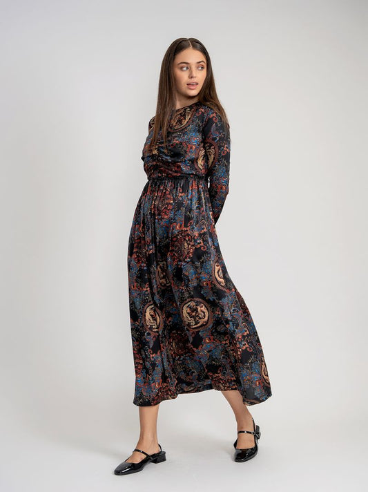 RUCHED PAISLEY DRESS