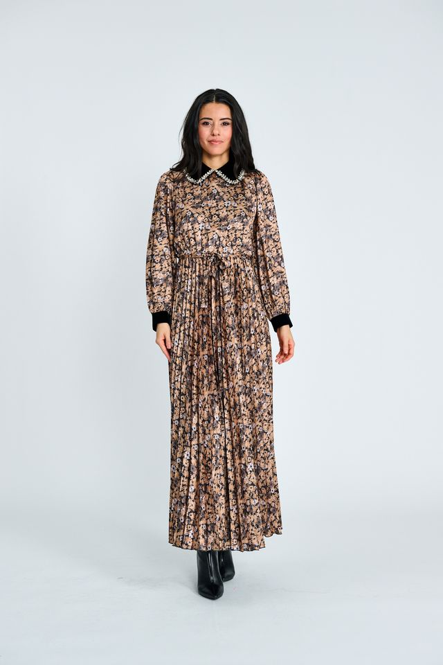 PRINTED DRESS WITH VELVET JEWELED TRIM COLLAR AND TIE BELT