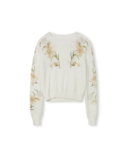 FLORAL KNIT SCALLOPED CREW NECK