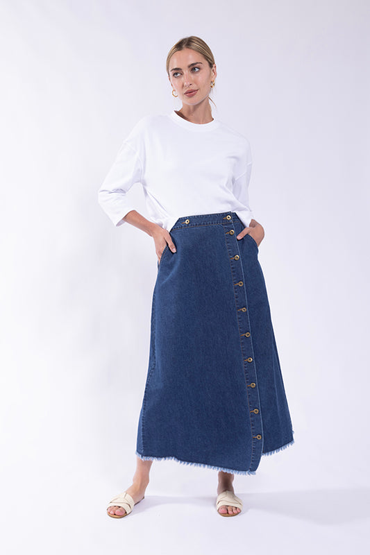 SIDE PLACKET DENIM MIDI SKIRT