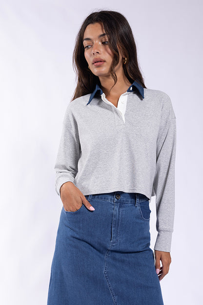 DENIM COLLAR EMBOSSED POLO
