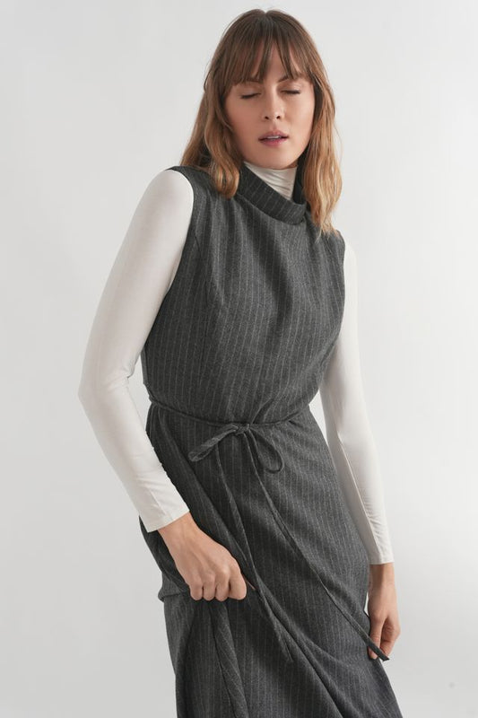 WOOL PINSTRIPE MOCK NECK MAXI JUMPER