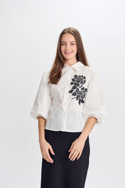 WHITE BUTTON DOWN W/ BLACK SEQUIN FLOWER TOP