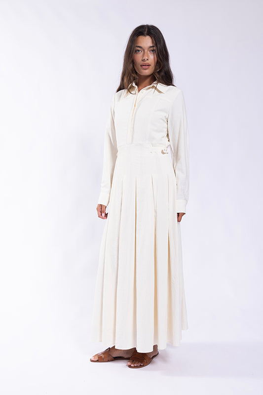 PLEATED DRESS WITH SIDE BUCKLES