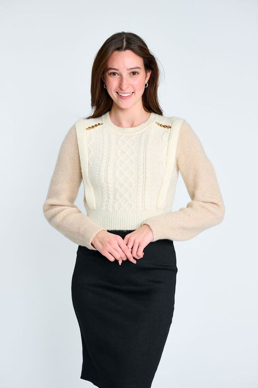 TWO TONE KNIT TOP WITH CHAIN TRIM