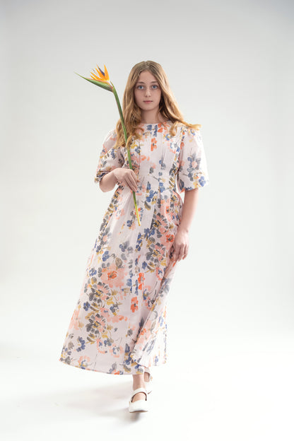 PLEATED LINEN WATERCOLOR DRESS