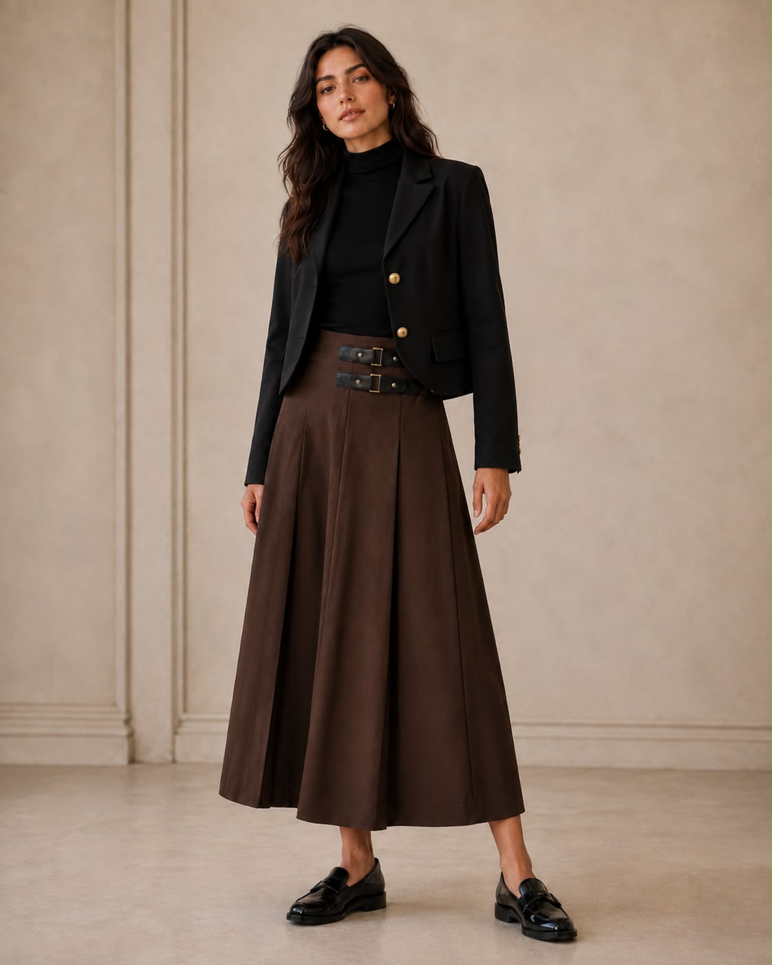 MIDI LENGTH SKIRT WITH STRAPS BUCKLE TRIM