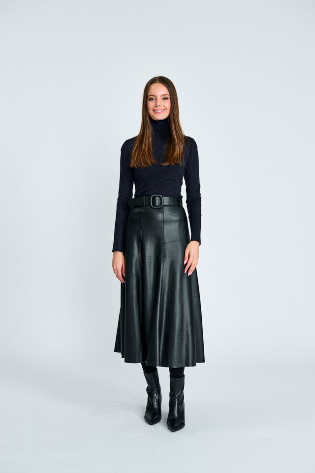 SEAMED BLACK LEATHER BELTED SKIRT