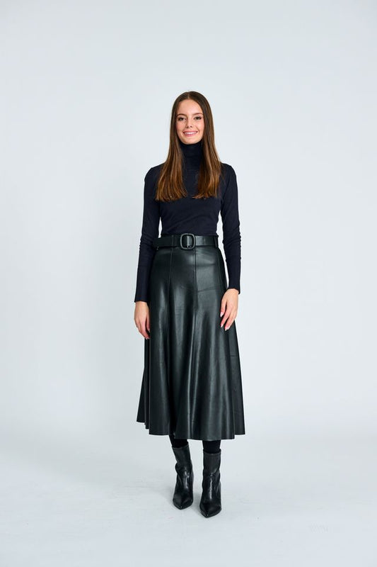 SEAMED BLACK LEATHER BELTED SKIRT