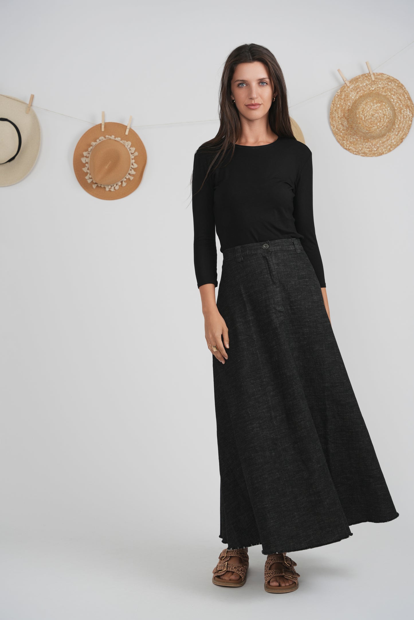 MAXI DENIM A-LINE FRINGE SKIRT