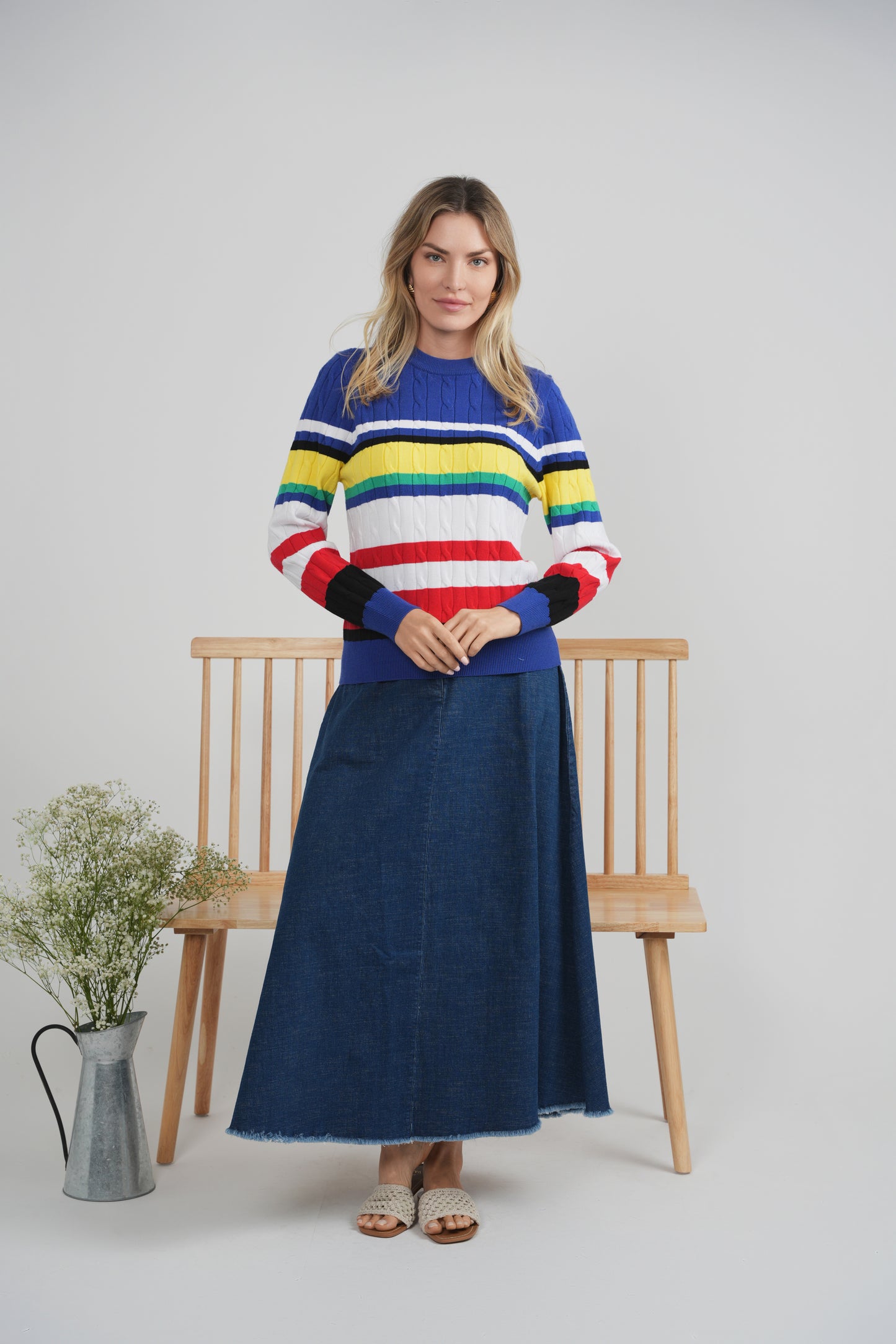 LADIES STRIPED CABLE SWEATER