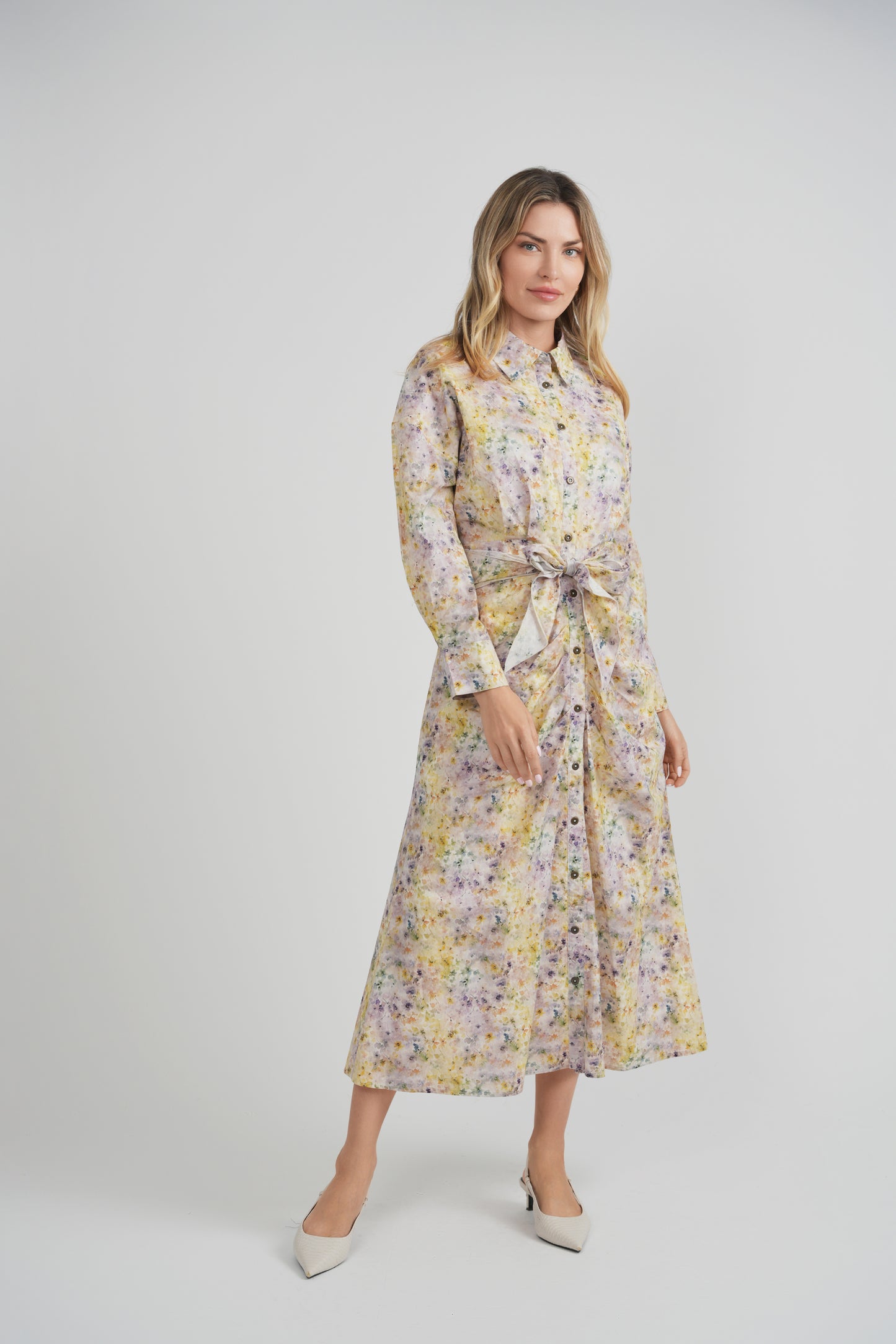 COTTON PRINTED RUCHED SHIRT DRESS