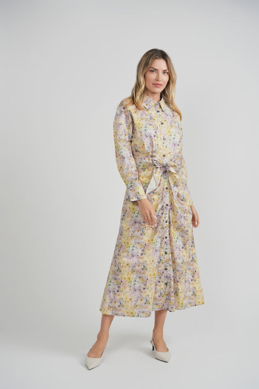 COTTON PRINTED RUCHED SHIRT DRESS