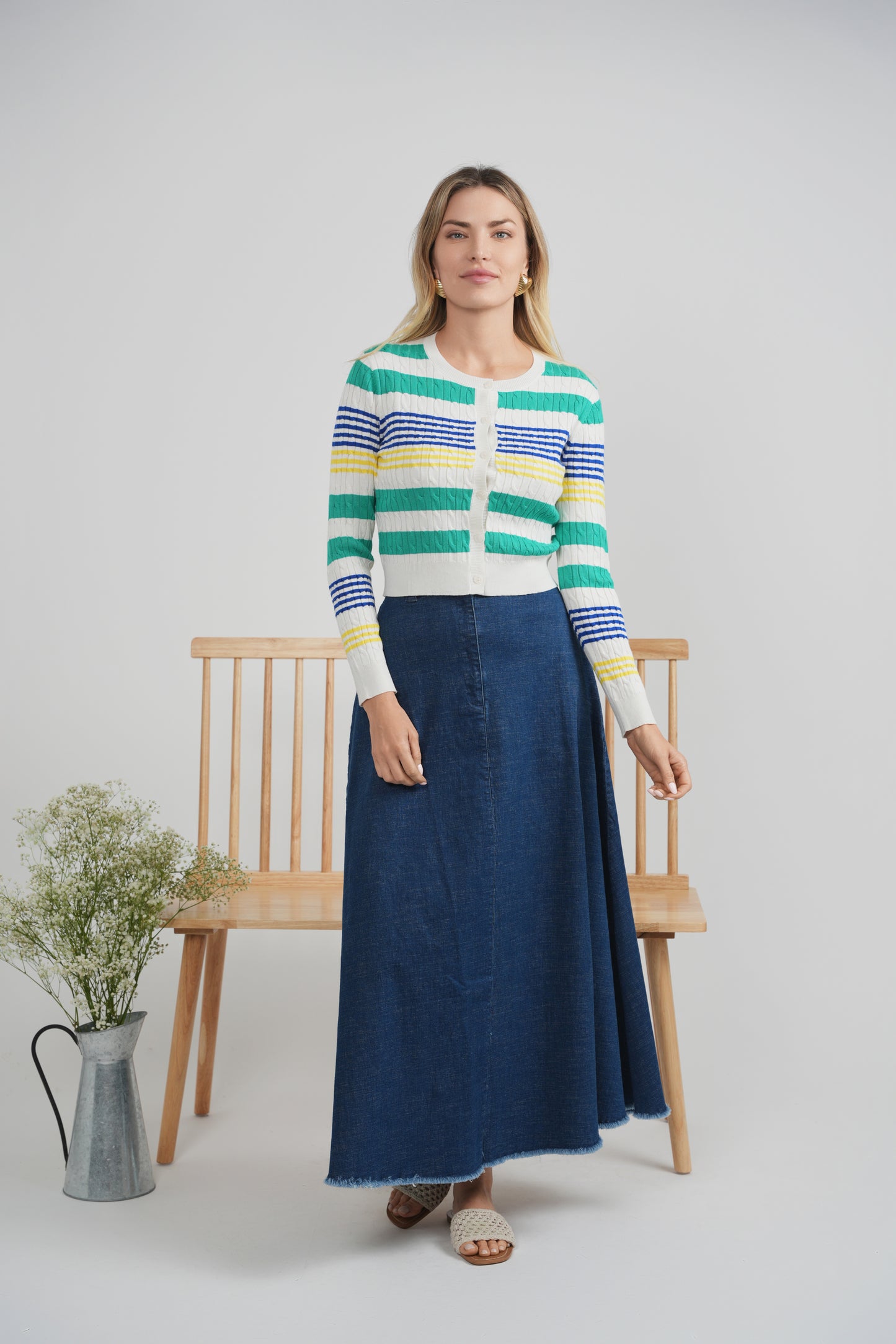 MAXI DENIM A-LINE FRINGE SKIRT