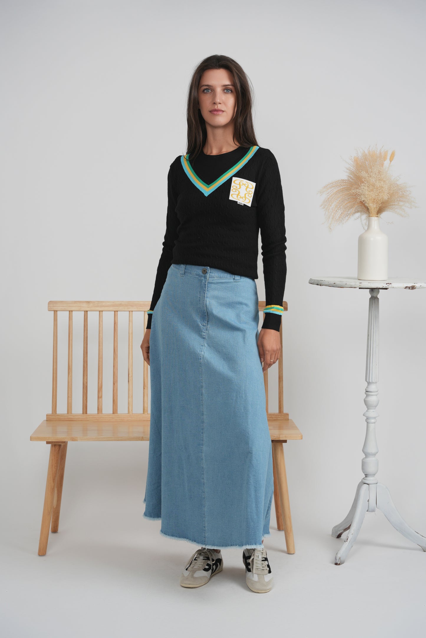 MAXI DENIM A-LINE FRINGE SKIRT