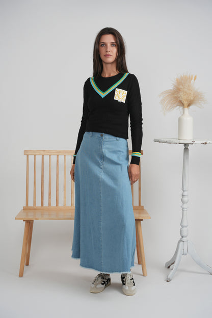 MAXI DENIM A-LINE FRINGE SKIRT