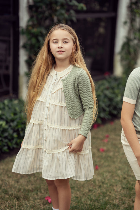 CREAM AND DARK GREEN WOVEN DRESS WITH LACE