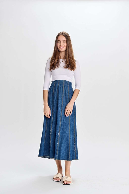 DENIM A-LINE STITCHED SEAM SKIRT