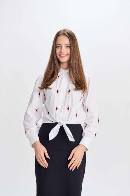 EMBROIDERED SHAPES AND TIE FRONT BLOUSE