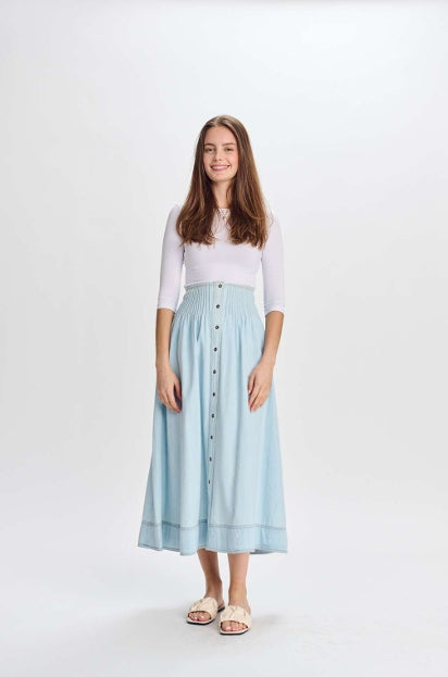 LIGHT DENIM SHIRRING WAISTED SKIRT