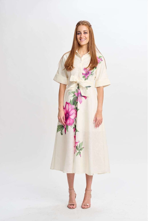 LINEN DRESS WITH LARGE PINK FLOWERS