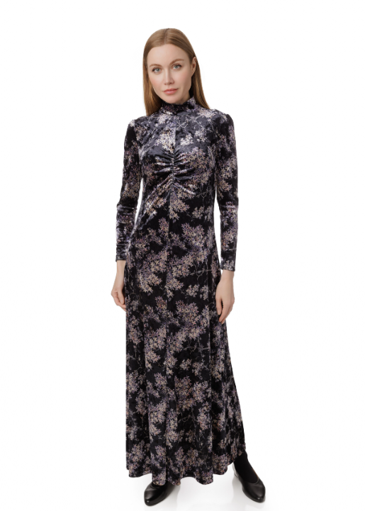 RUCHED VELVET FLORAL DRESS