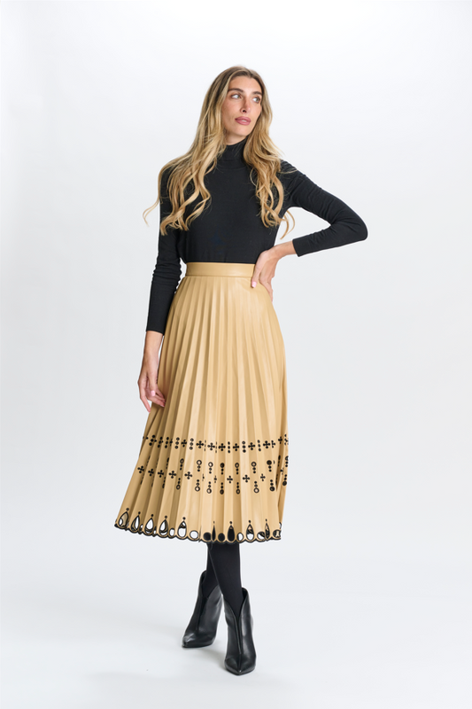 TAN LEATHER PLEATED SKIRT