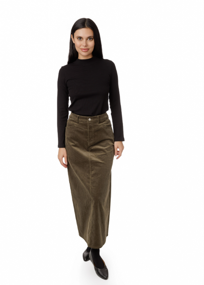 LONG OLIVE CORDUROY SKIRT