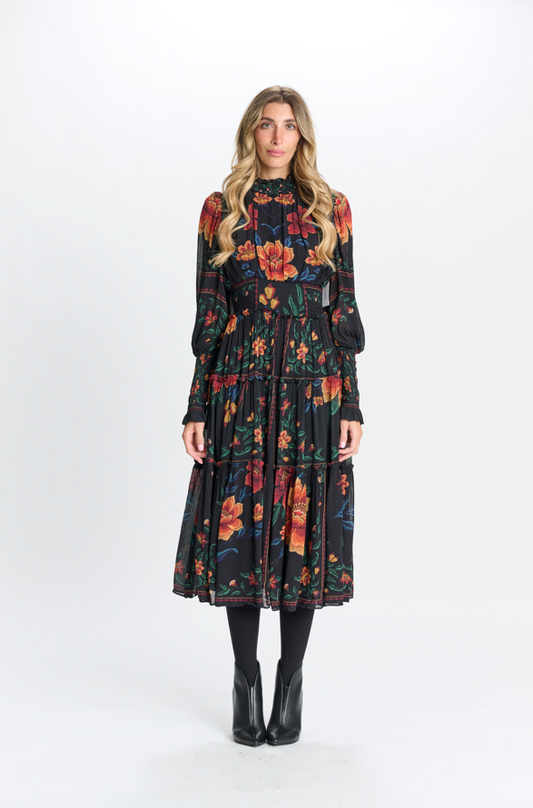 BLACK AND BRIGHT FLORAL LAYERED DRESS